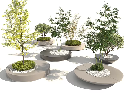 Modern Tree Planter Design with Various Trees Small Shrubs and White Pebbles in Outdoor Space 3d model