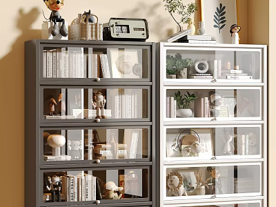 Stylish Gray and White Storage Cabinet with Glass Doors Multiple Compartments and Decorative Items 3d model