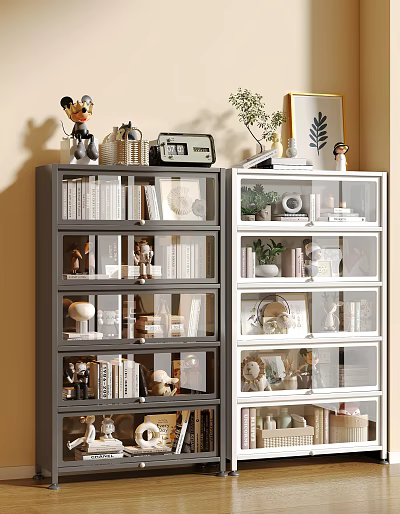 Stylish Gray and White Storage Cabinet with Glass Doors Multiple Compartments and Decorative Items 3d model