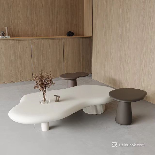 Sleek White Organic Coffee Table with Stools and Decorative Dried Plants 3d model