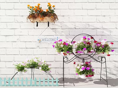 Garden Decor With Hanging Flower Pots Colorful Blooms Metal Stands And White Brick Wall 3d model