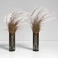 Glass Cylindrical Vase With White Plume Reed Grass And Green Red Stems For Home Decor