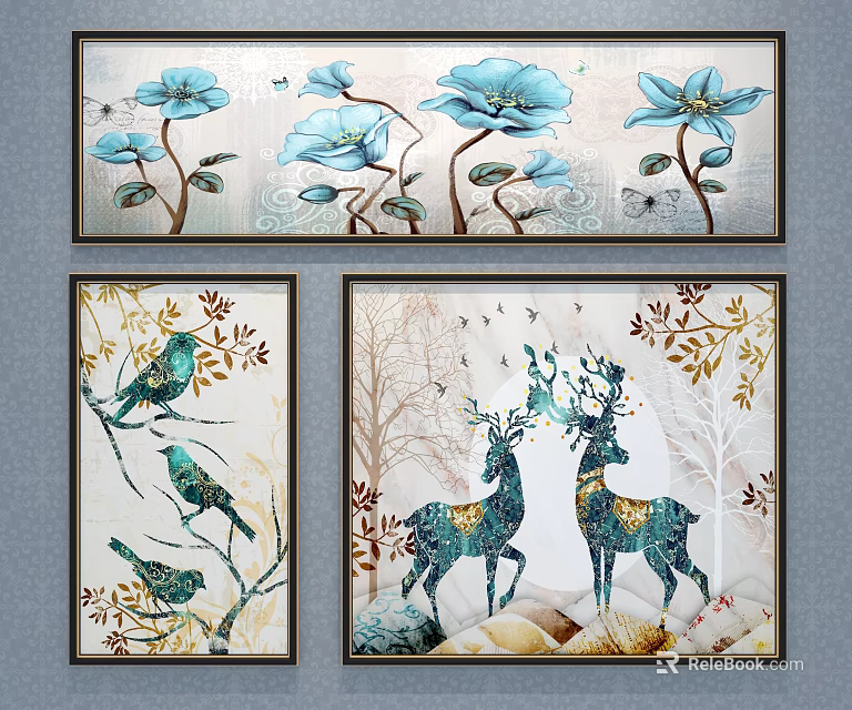 Home Wall Art Plant Paintings Featuring Blue Flowers Birds Deer And Golden Leaves 3d model 