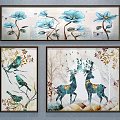 Home Wall Art Plant Paintings Featuring Blue Flowers Birds Deer And Golden Leaves