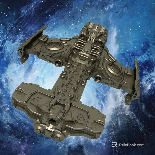 Detailed Sci-Fi Spaceship Model With Intricate Mechanical Design And Cosmic Background 3d model