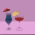 Two Decorative Wine Glasses With Blue Red Drinks And Umbrella On Pink Background Soft Light