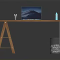 Wooden Office Desk Featuring Laptop Pen Holder Water Bottle And Trash Bin With Crumbled Paper