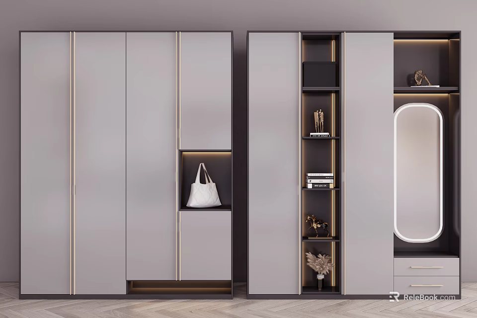 Modern Shoe Cabinet Design With Mirror Storage Compartments And Decorative Metal Accents 3d model 