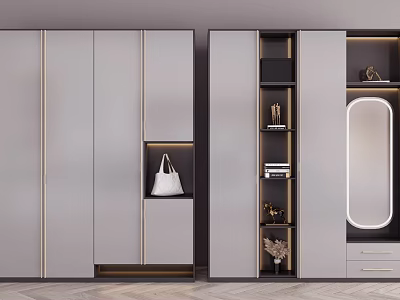 Modern Shoe Cabinet Design With Mirror Storage Compartments And Decorative Metal Accents 3d model