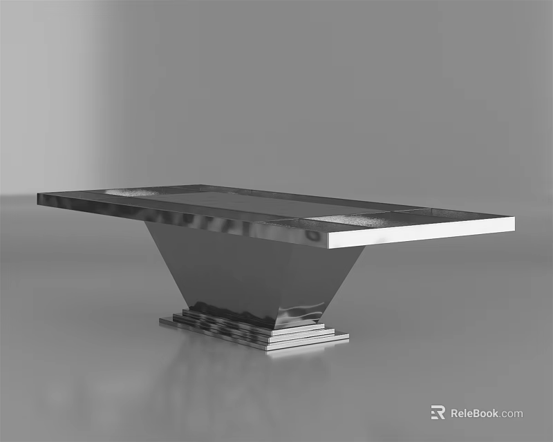 Modern Metallic Dining Table With Sleek Reflective Surface And Unique Base Design 3d model