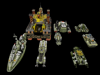 Characters And Biological Mechanical Models With Warships Tanks Platforms Green Yellow Structures 3d model