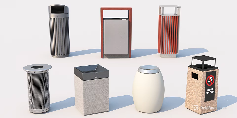 Public Trash Bins With Different Designs Various Materials And Modern Styles 3d model 