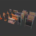 Construction Safety Equipment Including Orange White Striped Barriers Cones And Metal Fences
