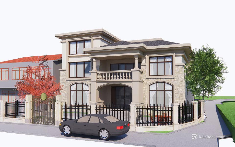 Classic Detached Villa Exterior With Stone Facade Large Windows Iron Fence Parked Car And Trees 3d model 