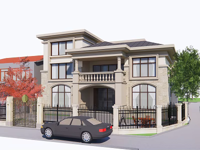 Classic Detached Villa Exterior With Stone Facade Large Windows Iron Fence Parked Car And Trees 3d model