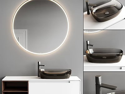 Modern Bathroom Vanity With Circular Illuminated Mirror Black Washbasin And White Cabinet 3d model