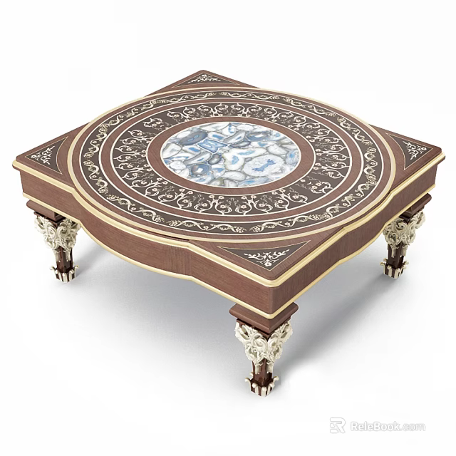 Classic Wooden Coffee Table With Circular Blue White Inlay And Ornate Carved Legs 3d model 