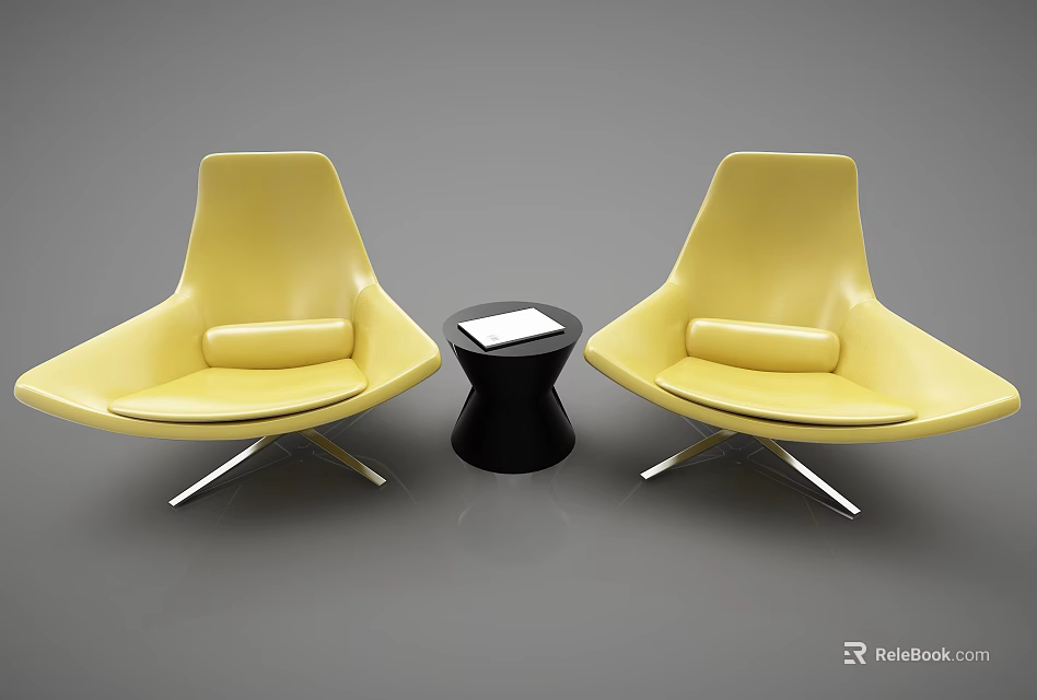 Modern Yellow Lounge Chair Set With Two Chairs Small Black Round Table Metal Legs 3d model 