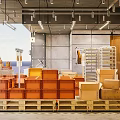 Modern Bakery Interior With Fresh Breads Display Shelves Wooden Crates And Hanging Lights