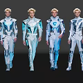 Group of Four Male Models Wearing Futuristic Blue And White Outfits Walking on Dark Runway