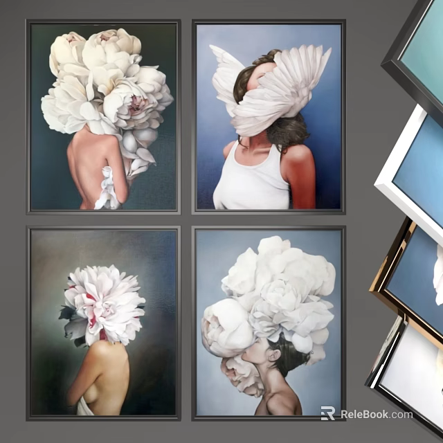 Multiple Modern Photo Frames Displaying Floral Figure Artwork in Grid Arrangement 3d model 