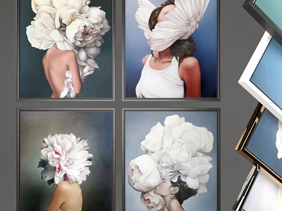 Multiple Modern Photo Frames Displaying Floral Figure Artwork in Grid Arrangement 3d model