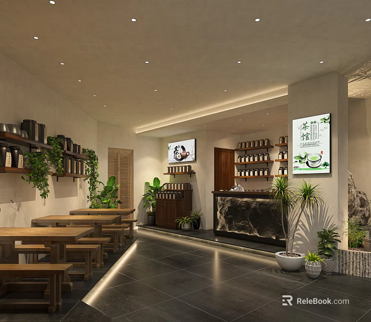 Cozy Restaurant Interior With Wooden Tables Stools Wall Shelves Green Plants And Counter 3d model 