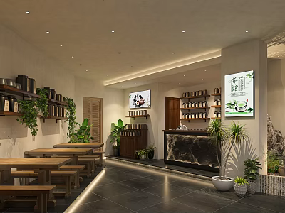 Cozy Restaurant Interior With Wooden Tables Stools Wall Shelves Green Plants And Counter 3d model