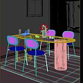Modern Dining Table Set with Fluted Pedestal White Top and Rattan Back Orange Cushion Chairs