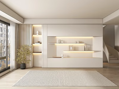 Modern Study Room Interior With White Bookshelves Lit Display Shelves Wooden Flooring And Striped Rug 3d model