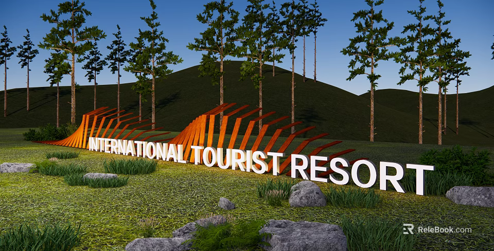 Orange Curved Feature Wall at International Tourist Resort with Trees Grassland Stones and Blue Sky 3d model 