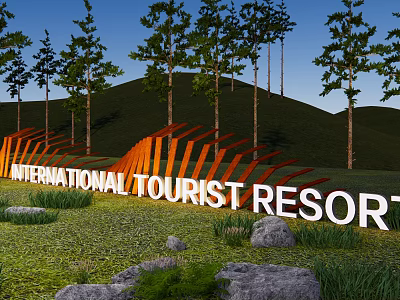 Orange Curved Feature Wall at International Tourist Resort with Trees Grassland Stones and Blue Sky 3d model