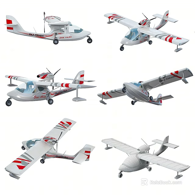 Helicopter Models With White Body Red Stripes In Six Different Angles 3d model