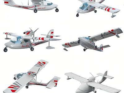 Helicopter Models With White Body Red Stripes In Six Different Angles 3d model