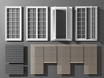 Various Window Blinds Designs with White Frames Wooden Textures and Open Close Options 3d model