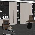 Modern Office Interior With Wooden Desk Computer Shelves And Armchairs
