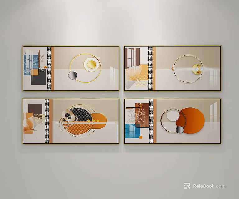 Modern Luxury Decorative Paintings Four Piece Set With Geometric Elements Orange Blue Circular Square Designs 3d model 