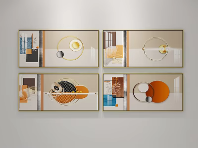 Modern Luxury Decorative Paintings Four Piece Set With Geometric Elements Orange Blue Circular Square Designs 3d model