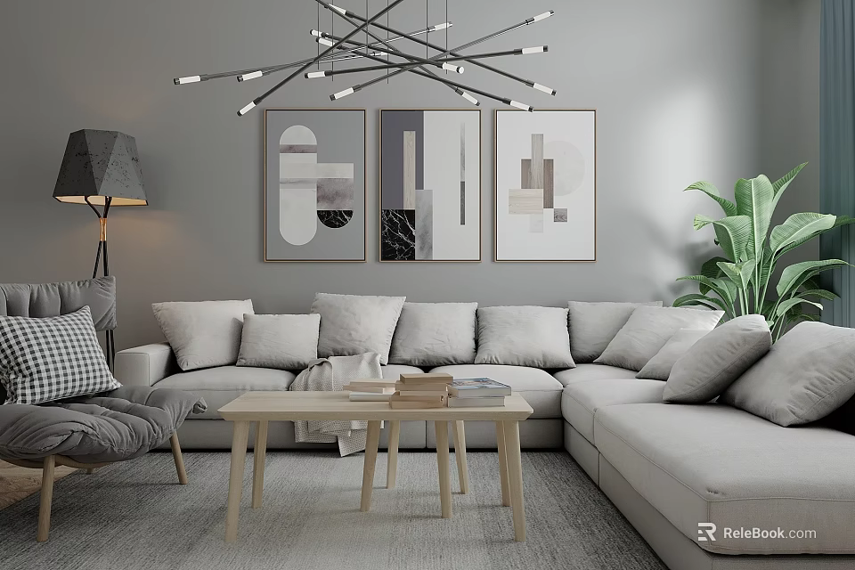 Modern Light Gray Sectional Sofa With Coffee Table Abstract Wall Art And Throw Pillows 3d model