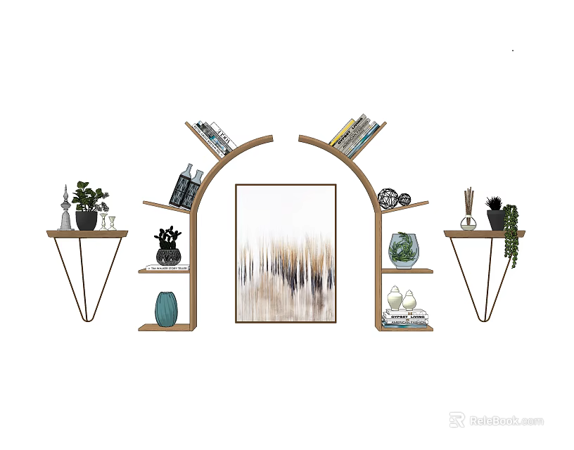 Stylish Wall Cabinets With Arched Design Books Decorative Plants And Artwork 3d model 