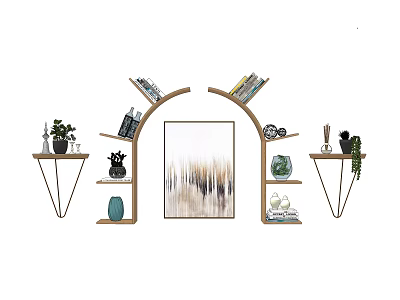 Stylish Wall Cabinets With Arched Design Books Decorative Plants And Artwork 3d model