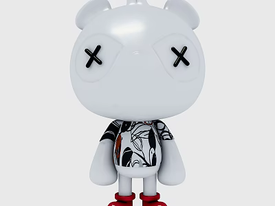 White Bear Shaped Decorative Ornament Set With Cross Eyes Black White Patterned Clothes Red Shoes 3d model