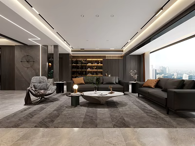 Modern Living Dining Room With Dark Sofa Armchair Coffee Table And City View 3d model