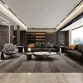 Modern Living Dining Room With Dark Sofa Armchair Coffee Table And City View