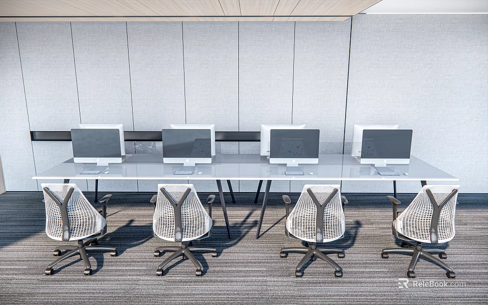 Modern Office Workstation With Long Desk Multiple Computers And Ergonomic Chairs 3d model 