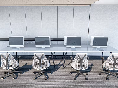 Modern Office Workstation With Long Desk Multiple Computers And Ergonomic Chairs 3d model