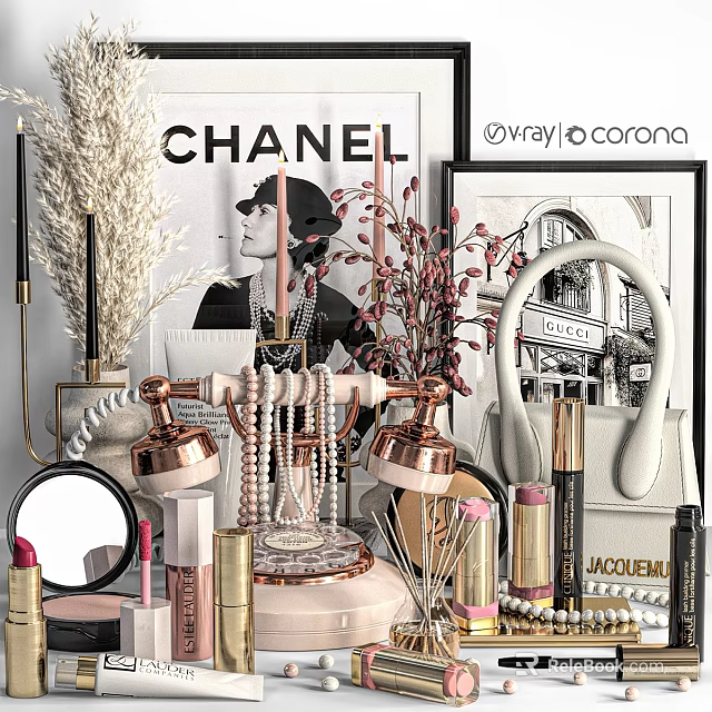 Chic Decorative Ornament Collection With Pearl Necklace Copper Lamp Lipstick Mirror And Dried Blooms 3d model 