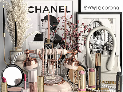 Chic Decorative Ornament Collection With Pearl Necklace Copper Lamp Lipstick Mirror And Dried Blooms 3d model