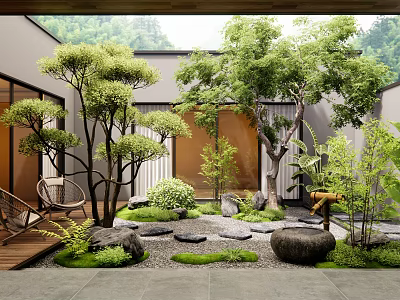 Serene Courtyard Garden Design With Leafy Trees Stepping Stones And Lush Greenery 3d model