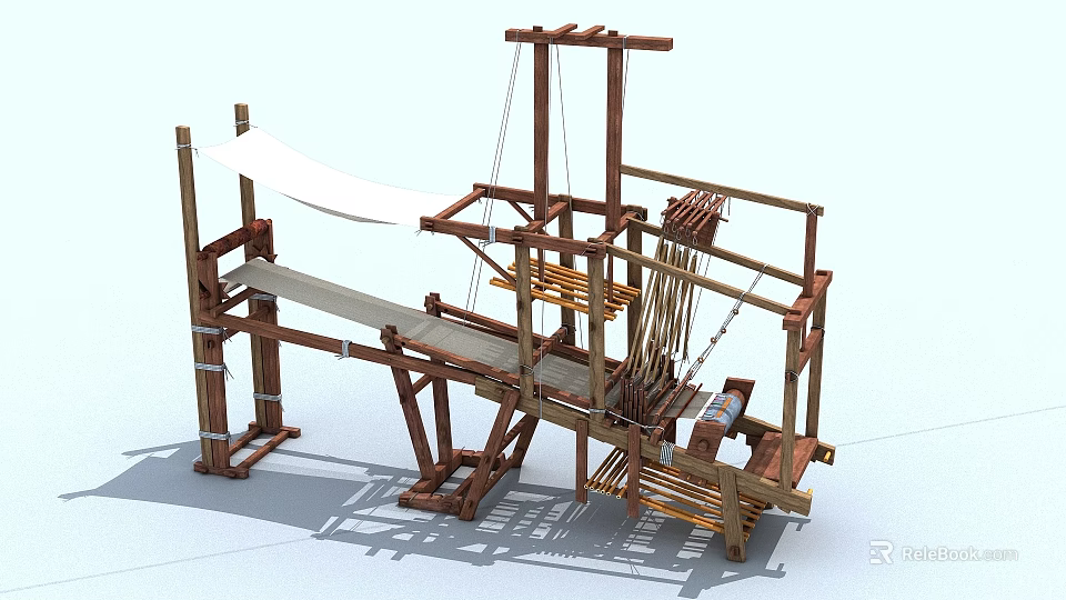 Traditional Wooden Loom Structure With Wooden Frame And Weaving Threads 3d model 